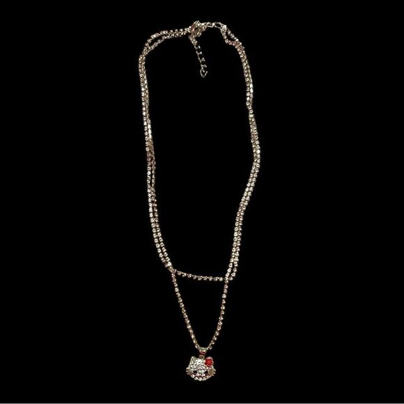 Hello Kitty Rhinestone Double Strand Silver Necklace And Earrings Set - Picture 3 of 4